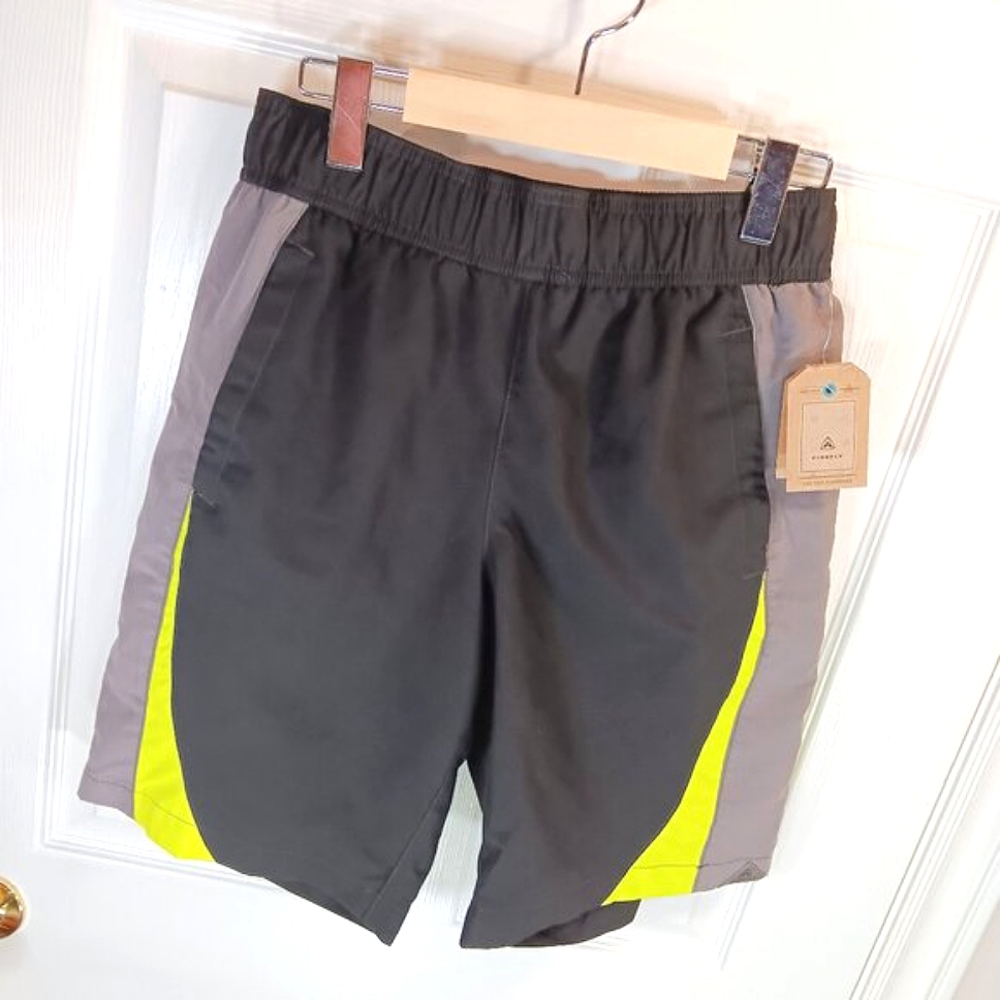 NWT Firefly Men's UV Swim Trunks Board Shorts Black Neon Yellow Lined Size S